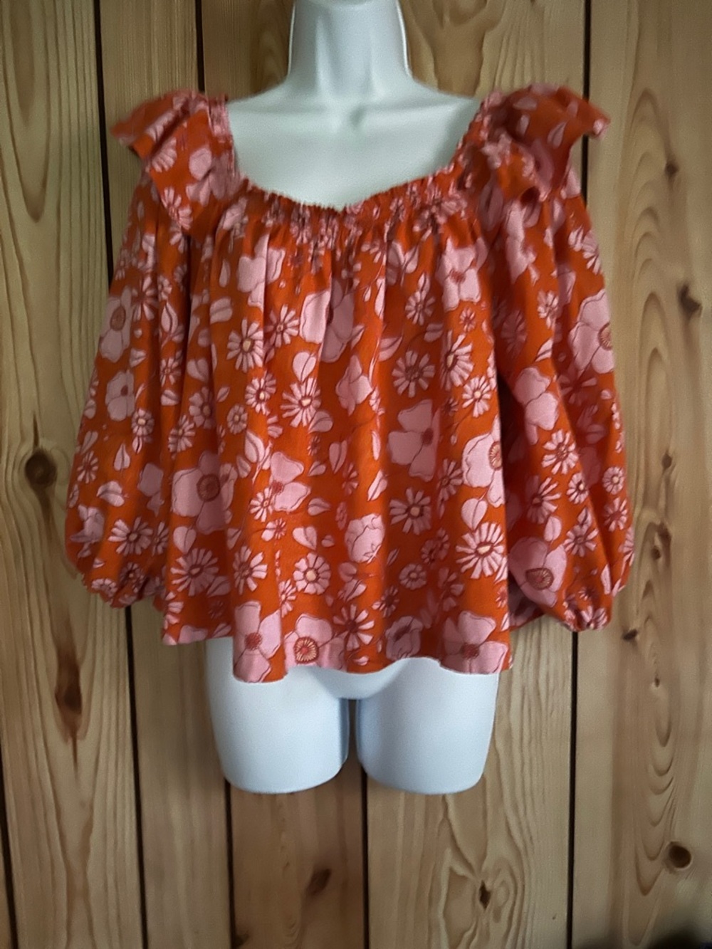 Free People Women’s Top Orange Floral Off-Shoulder Blouse size S Cotton Boho